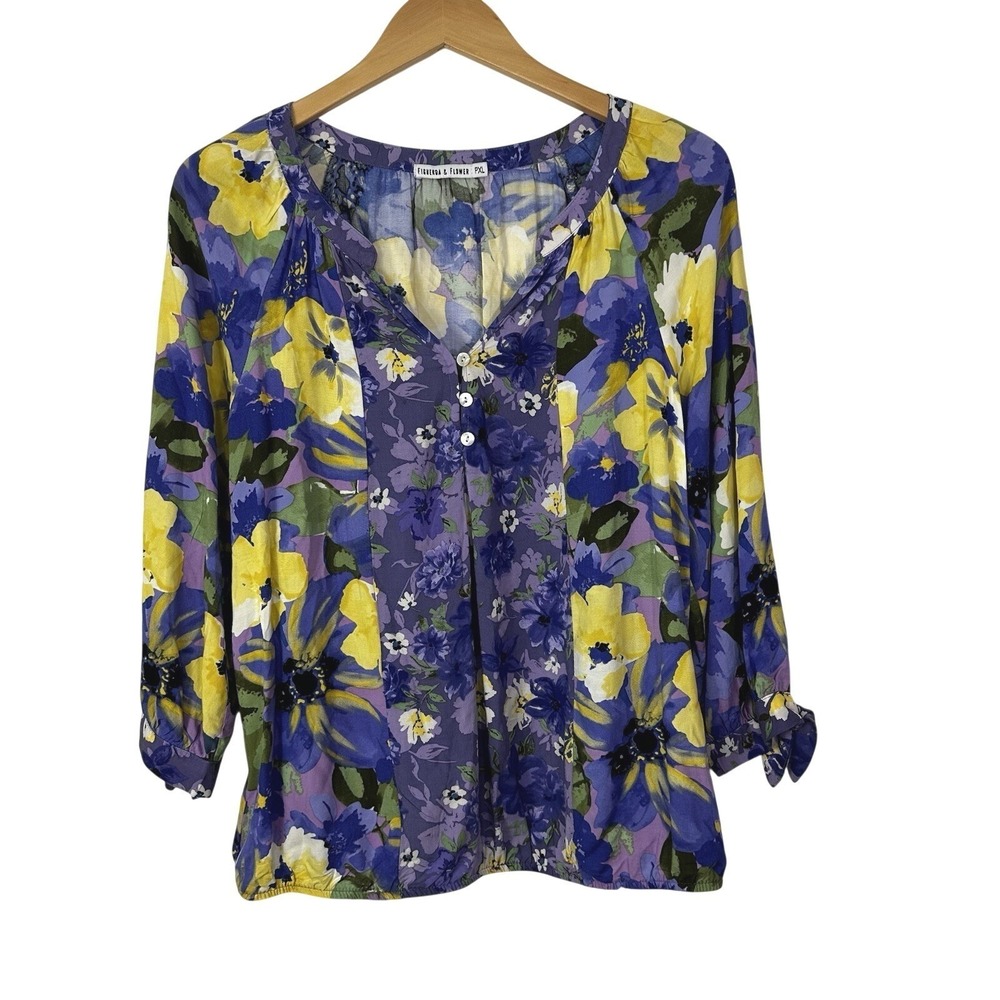 Figueroa & Flower Blouse Womens PXL Purple Multicolor Floral Tie Cuff Popover